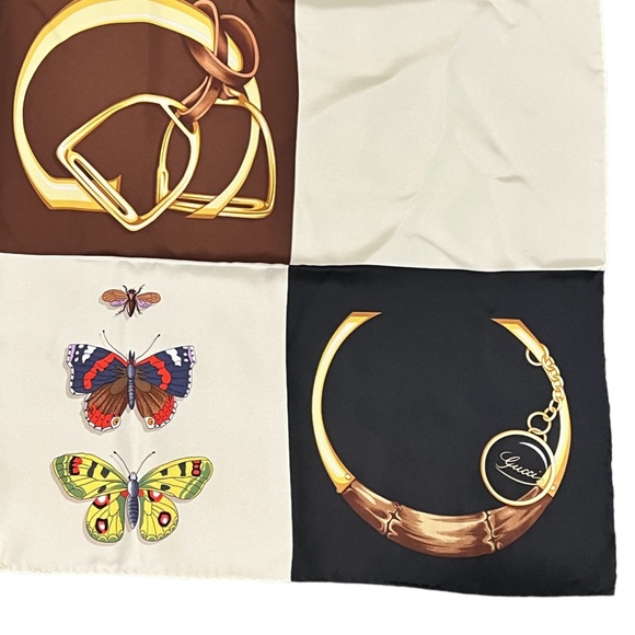 VINTAGE GUCCI ICONIC LOGO FLORAL BUTTERFLY PRINT SILK SCARF - NWT - Picture 5 of 12